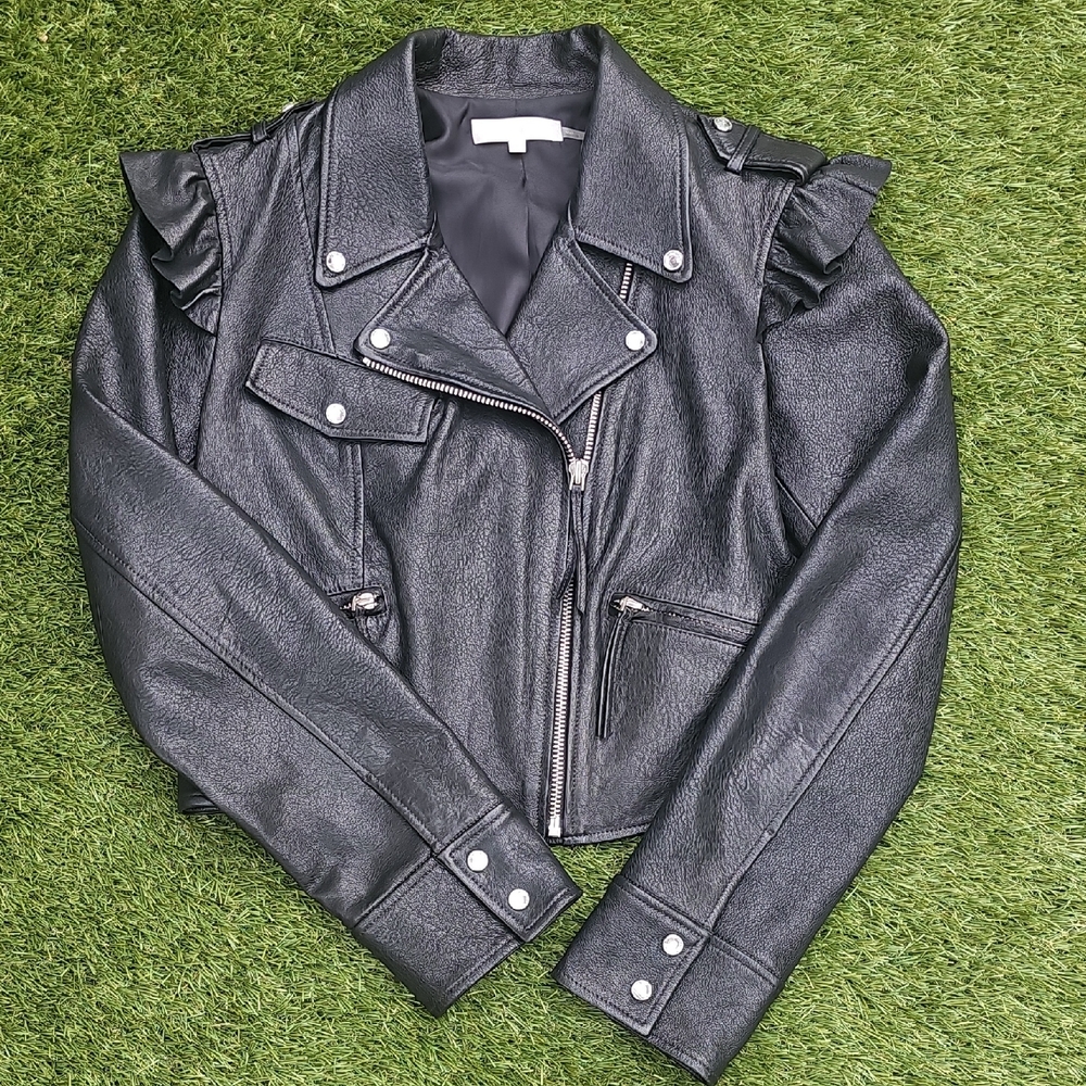 Loveshackfancy Torrez leather ruffle trim jacket